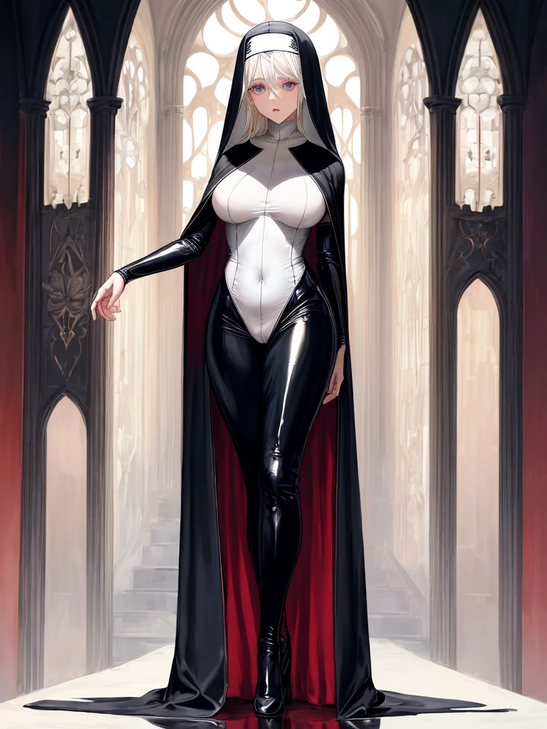 (masterpiece), score_9, score_8_up,, dominant, white hair,long hair,gorgeous,full body stocking,huge breasr,nun,cape,latex bodysuit,front view,