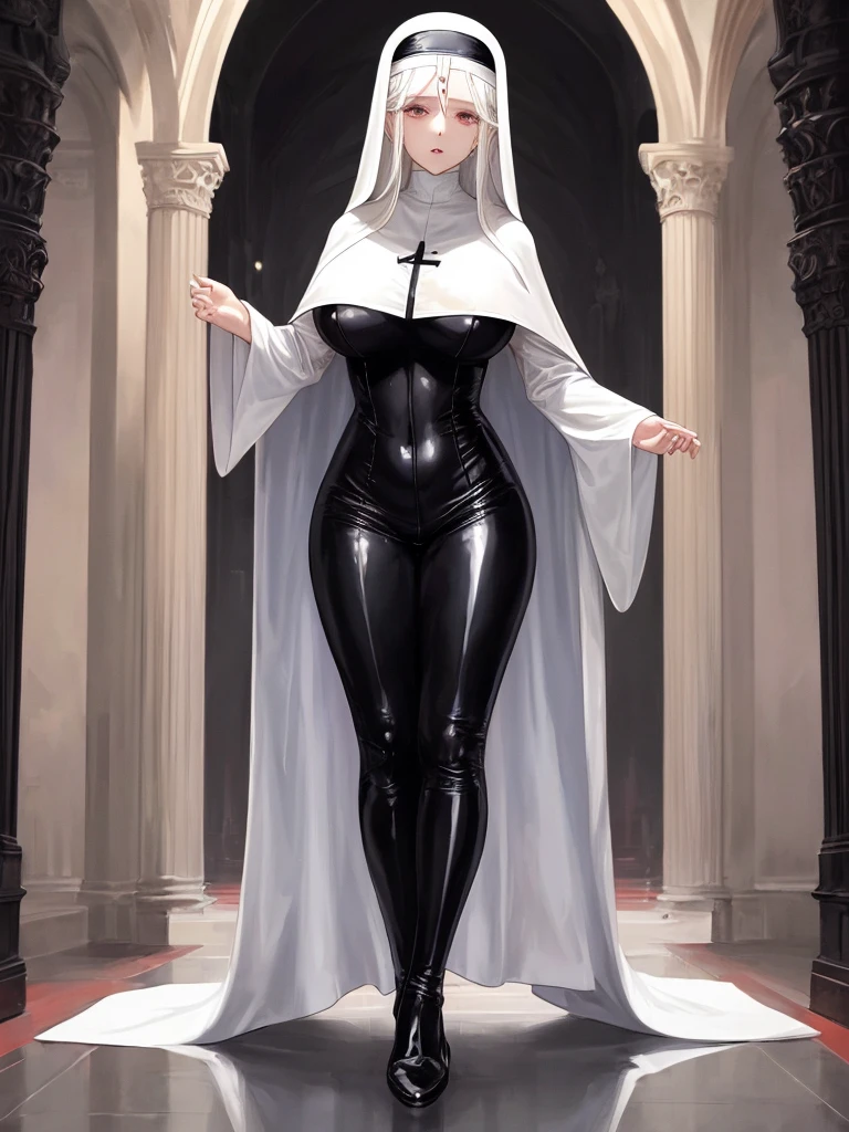 (masterpiece), score_9, score_8_up,, dominant, white hair,long hair,gorgeous,full body stocking,huge breasr,nun,cape,latex bodysuit,front view,