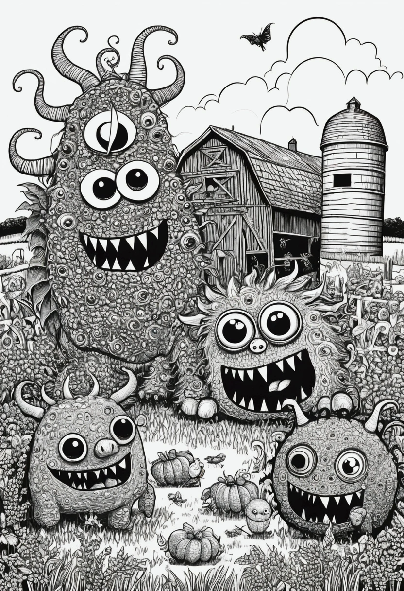 Monsters on a farm in black and white