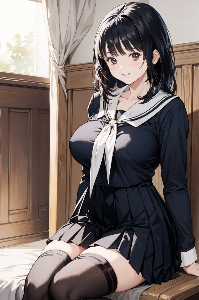black hair,
serafuku, neck ribbon, pleated skirt, thighhighs,
smile,, (best quality:1.3),1girl,my room,huge breasts