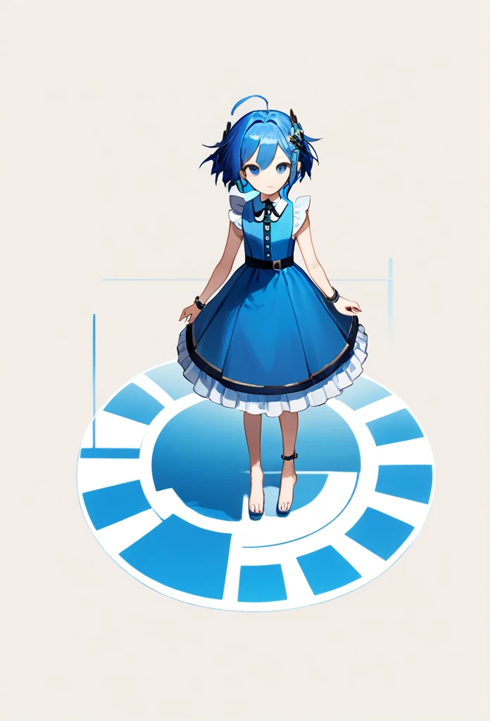 ((Full body photo, standing, feet on the ground)) score_9, score_8_above, score_7_above, score_6_above, score_5_above, score_4_above, 1 girl, Seraphina (kda), bright blue hair, colored dress. And the image is seen from the front and full body.