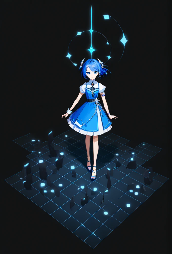 ((Full body photo, standing, feet on the ground)) score_9, score_8_above, score_7_above, score_6_above, score_5_above, score_4_above, 1 girl, Seraphina (kda), bright blue hair, colored dress. And the image is seen from the front and full body.