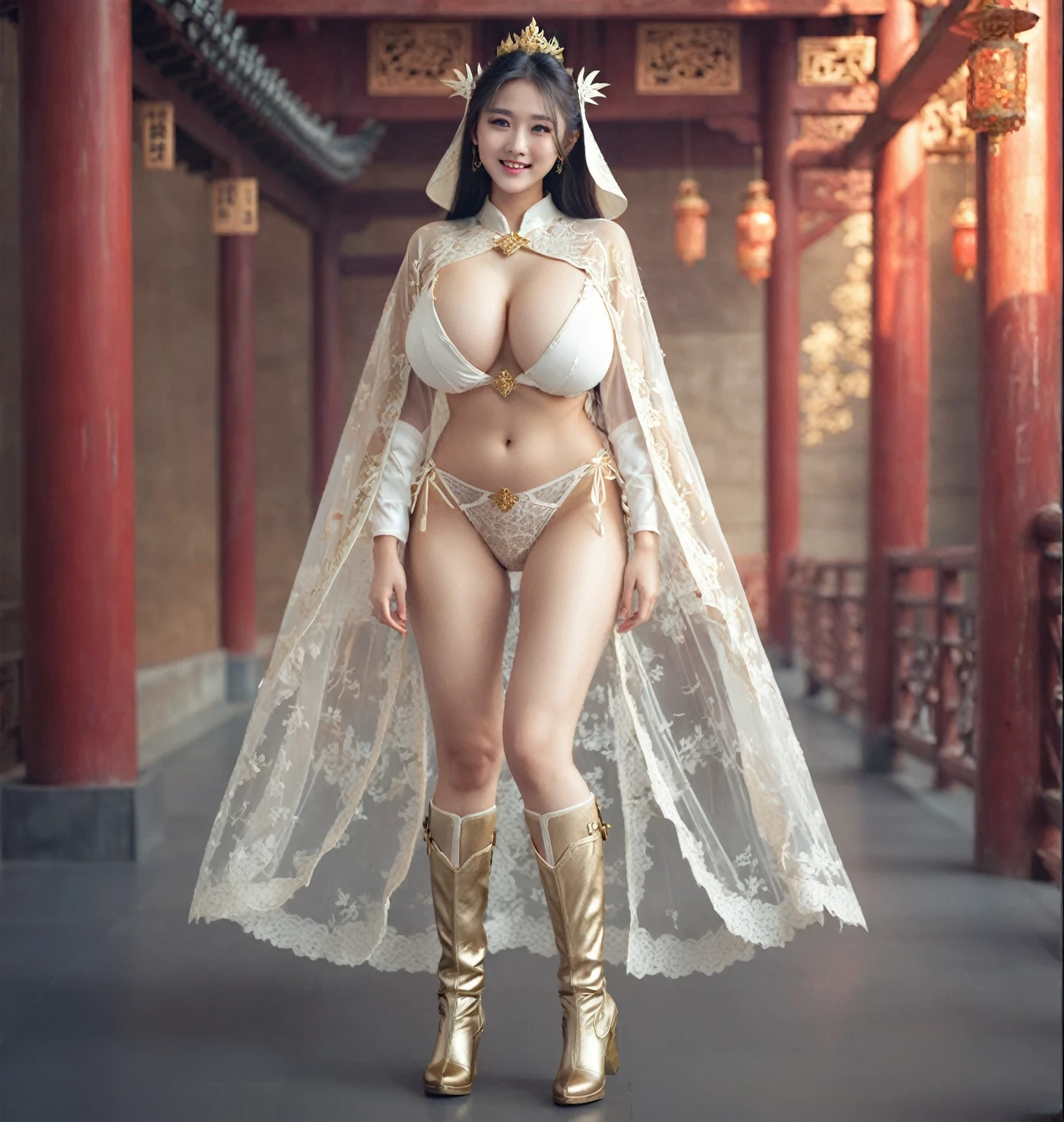 Li Yitong, Long-haired girl,Hungry expression, Light smile, wearing lace lingerie, Transparent underwear, Underwear with golden patterns, perspective, X-ray lower body,Beautiful fantasy queen, Strong busty princess, extremely detailed goddess shot, lace cape, metal boots, cinematic goddess body shot, giant stunning goddess shot, ((Beautiful fantasy queen)), goddess. Extremely high detail, japanese goddess, anime goddess, Gorgeous role-playing, Heavy armor