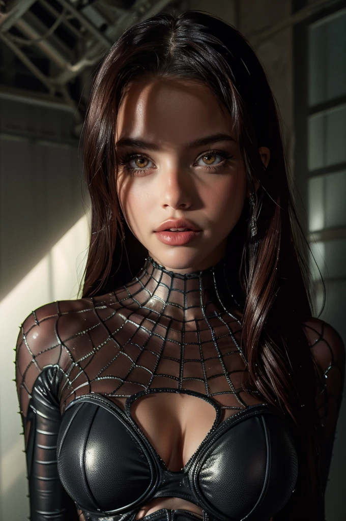 Emilia Mernes as Spider-Man, wearing swimsuit, beautiful detailed eyes, beautiful detailed lips, extremely detailed eye and face, long eyelashes, skin tanned, slender figure, seductively pose, spider web pattern, dynamic action, dramatic lighting, cinematic, Dark and moody colors, hight contrast, hyperrealisti, 8k, best qualityer, work of art