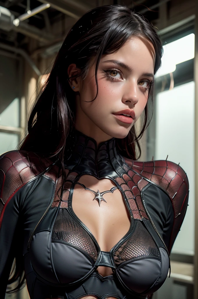 Emilia Mernes as Spider-Man, wearing swimsuit, beautiful detailed eyes, beautiful detailed lips, extremely detailed eye and face, long eyelashes, skin tanned, slender figure, seductively pose, spider web pattern, dynamic action, dramatic lighting, cinematic, Dark and moody colors, hight contrast, hyperrealisti, 8k, best qualityer, work of art
