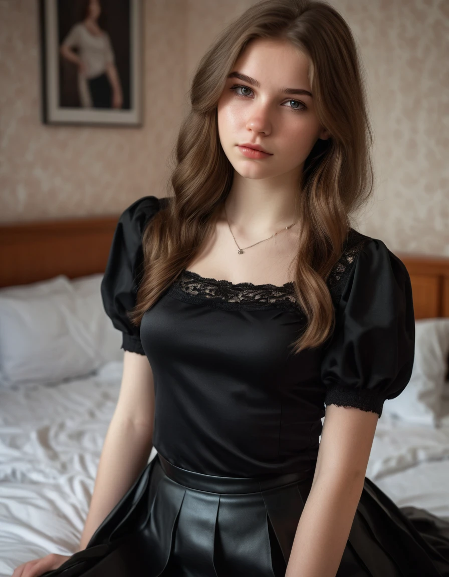 pretty 19 years old russian girl with brown hair, wearing a black croctop and black skirt in a bedroom, realistic, high detailed, hiden hands, realistic eyes