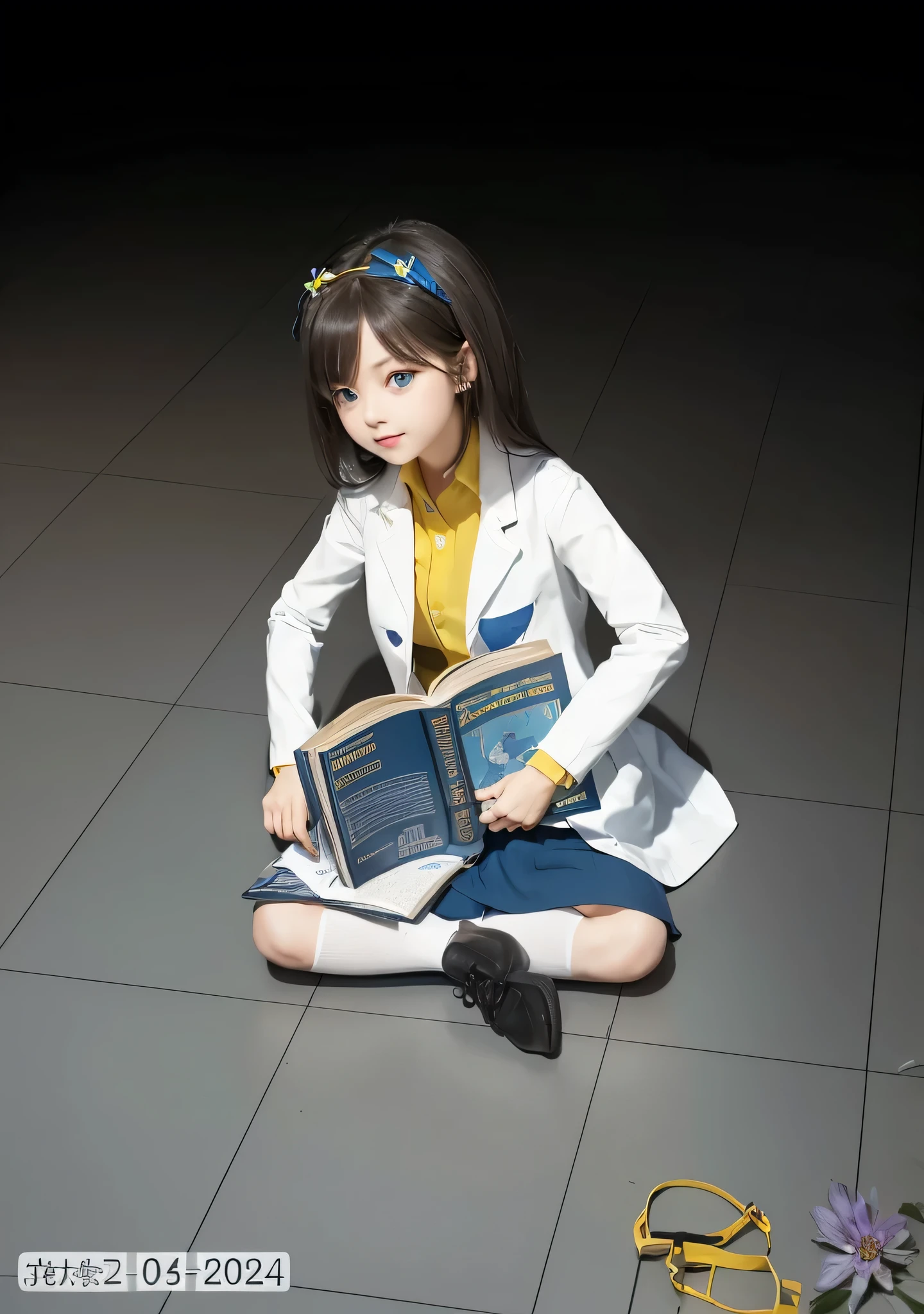 Girl, dark hair, blue eyes, flower hairpin, white lab coat, yellow shirt, blue skirt, black shoes, white socks, dark blue calculus book,writing,studying on the floor, half dark room