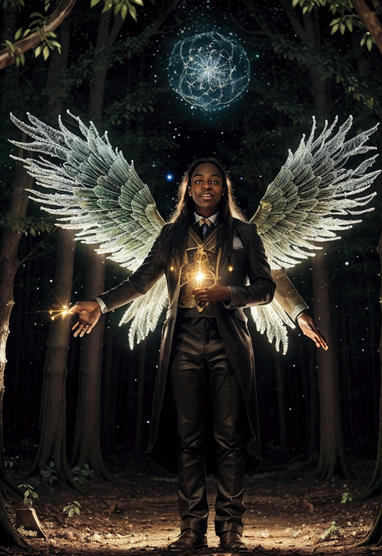 A forest clearing filled with twinkling lights. Enoch stands surrounded by radiant light, his expression filled with awe and reverence, with celestial images manifesting around him, including flying angels.