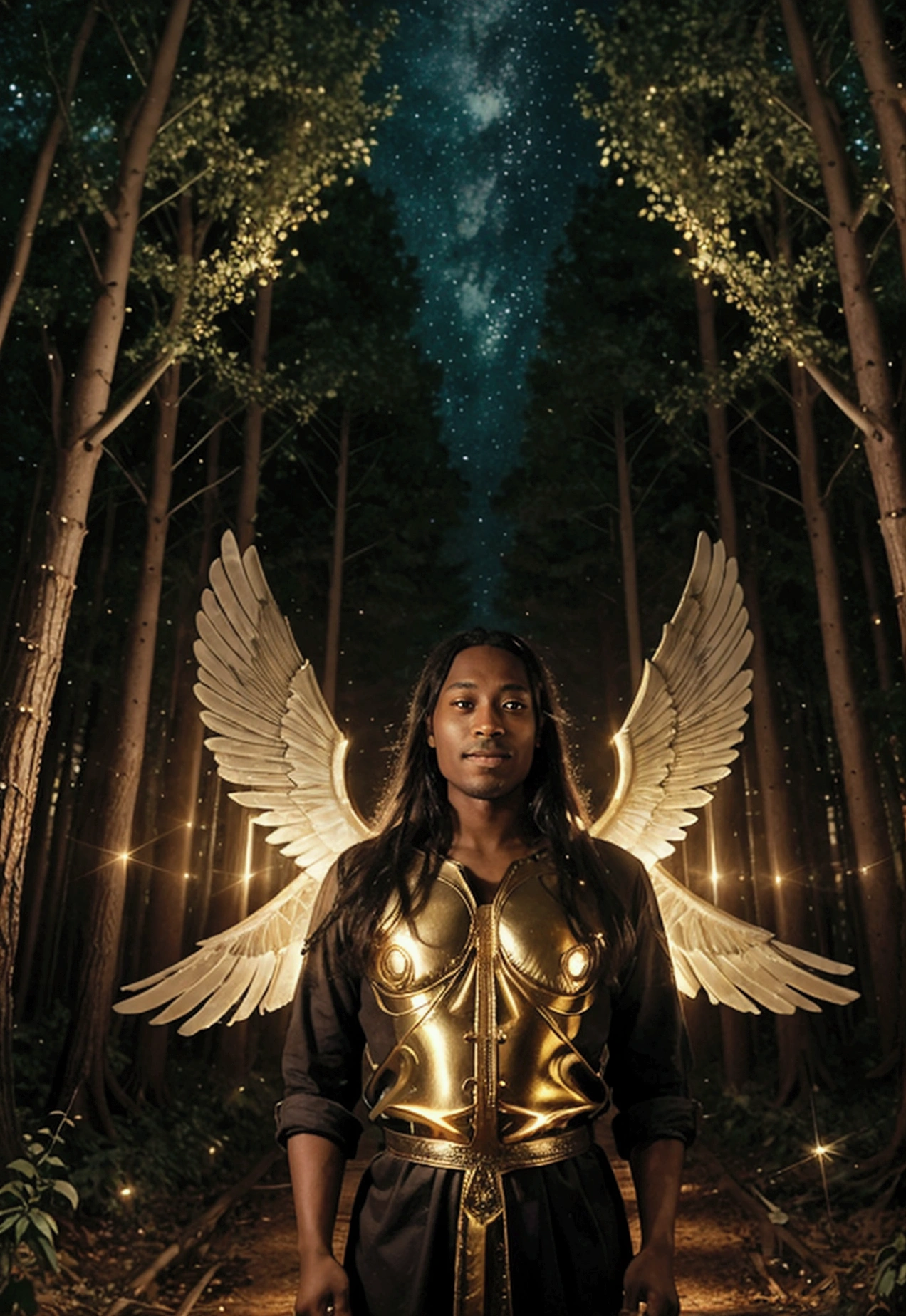 A forest clearing filled with twinkling lights. Enoch stands surrounded by radiant light, his expression filled with awe and reverence, with celestial images manifesting around him, including flying angels.