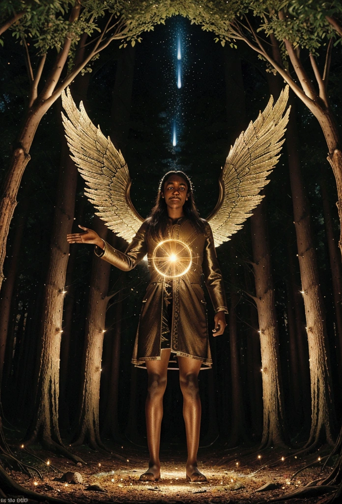 A forest clearing filled with twinkling lights. Enoch stands surrounded by radiant light, his expression filled with awe and reverence, with celestial images manifesting around him, including flying angels.