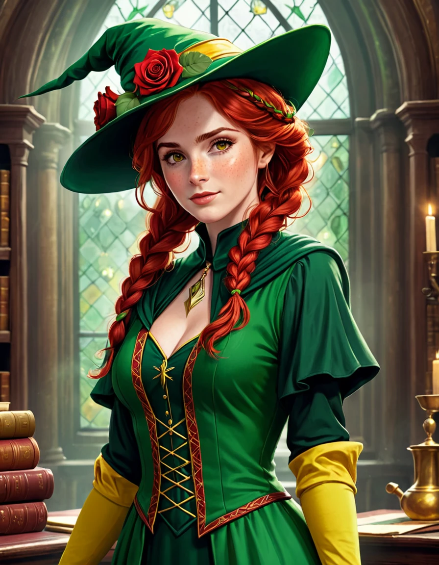 Madame Chesnook, Harry Potter universe, woman magician, green magic pointed hat with red roses, red hair with two braids on the sides, green dress with yellow sleeves, freckles, Ideal Anatomy, impeccable appearance, fantasy style, Harry Potter style illustration, --stylize 290, --style raw,