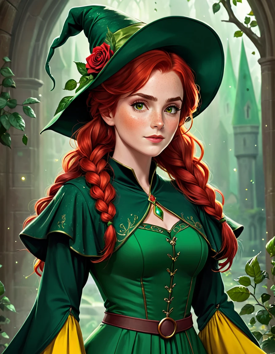 Madame Chesnook, Harry Potter universe, woman magician, green magic pointed hat with red roses, red hair with two braids on the sides, green dress with yellow sleeves, freckles, Ideal Anatomy, impeccable appearance, fantasy style, Harry Potter style illustration, --stylize 290, --style raw,