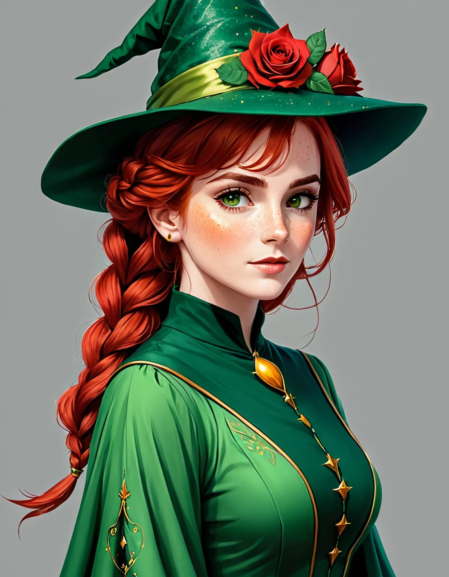 Madame Chesnook, Harry Potter universe, woman magician, green magic pointed hat with red roses, red hair with two braids on the sides, green dress with yellow sleeves, freckles, Ideal Anatomy, impeccable appearance, fantasy style, Harry Potter style illustration, --stylize 290, --style raw,