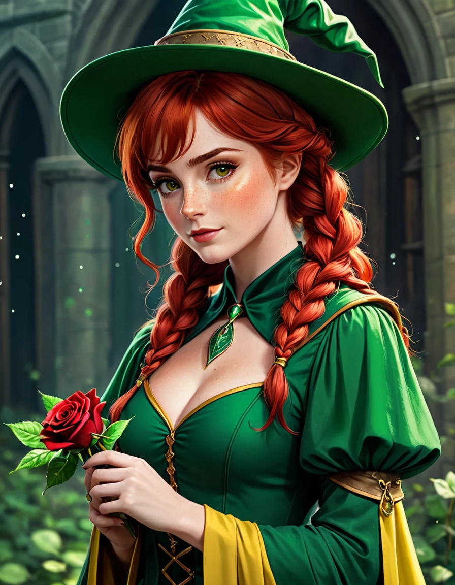 Madame Chesnook, Harry Potter universe, woman magician, green magic pointed hat with red roses, red hair with two braids on the sides, green dress with yellow sleeves, freckles, Ideal Anatomy, impeccable appearance, fantasy style, Harry Potter style illustration, --stylize 290, --style raw,