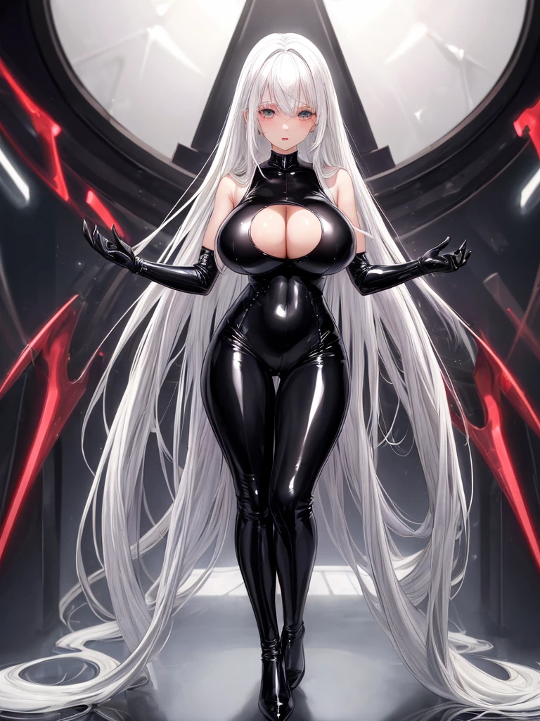 (masterpiece), score_9, score_8_up,, dominant, white hair,long hair,gorgeous,full body stocking,huge breast,latex bodysuit,front view,