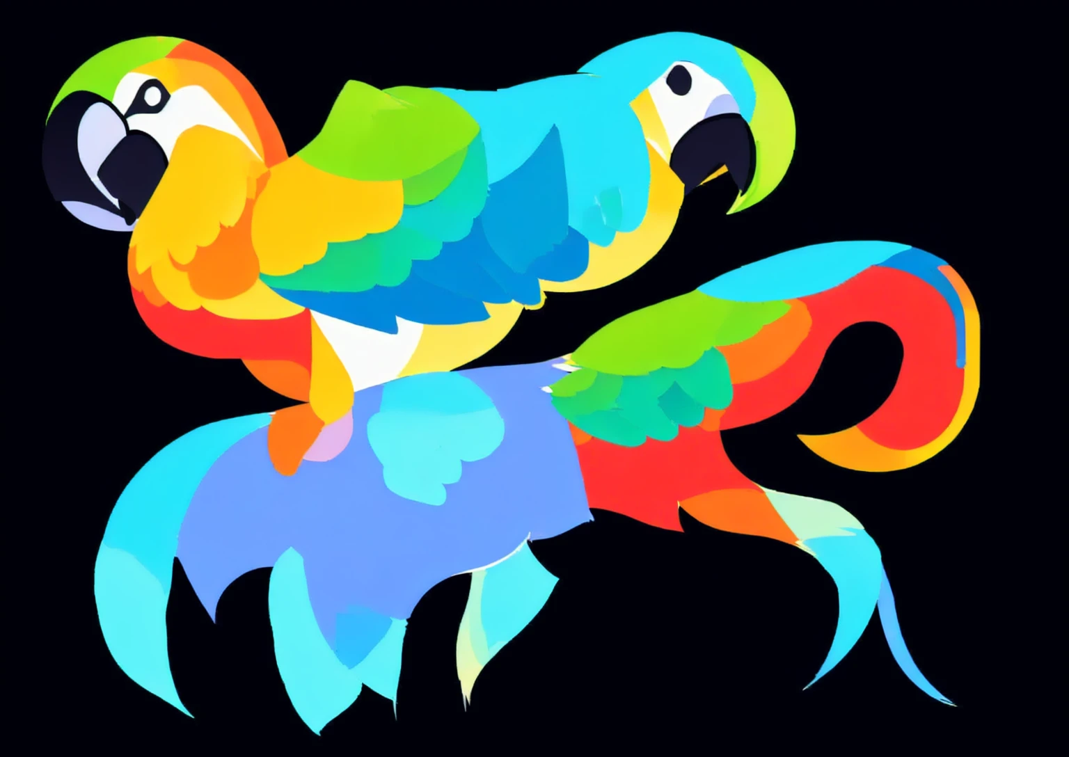 maintain the same proportion and dimension of the drawing, maintain the same contour of the drawing without changing the appearance of the macaw with multicolored feathers, in a simple vector style, solid colors, without gradients. Define better the feathers