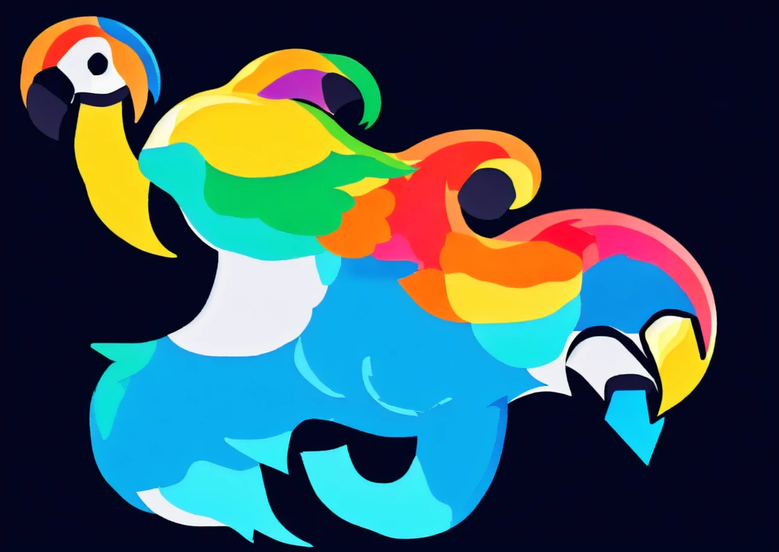 maintain the same proportion and dimension of the drawing, maintain the same contour of the drawing without changing the appearance of the macaw with multicolored feathers, in a simple vector style, solid colors, without gradients. Define better the feathers