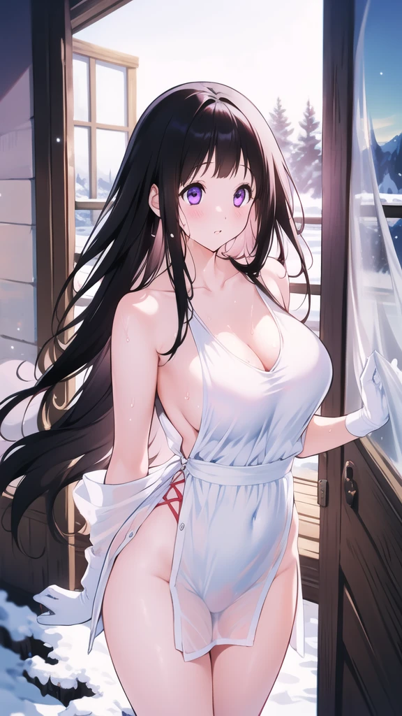 Amazing Chitanda, There is only one beautiful girl,Purple Eyes, Black Hair, Very red face,Very white skin,Glowing skin,Skin as delicate as porcelain,Naturally straight hair, Straight bangs,Extremely refined,Open lips,Long flowing hair,Beautiful Girl, Like a dream,Slim,Slim waist,Soft, (Sensual), (Kawaii), Dream quality,Beautiful big breasts,White transparent loose dress,Areola,Completely naked,Lower edge of breast,White gloves,Flower decoration,Deep V neckline,Loose neckline,Wide neckline,In school,The wind blows the hair,Place your hands on your inner thighs,Thighs clamp hands,Wet skin,Sweaty and sweaty,Sweating all over,On the snow,Back to,Hips,Side body,Gluteal groove,Completely naked的臀部,Bare back,Completely naked的背部,Light transmission,(no pants),nopan,pussy juice,Bare shoulders,There are no shoulder straps,Bare neck,Exposed collarbone,Exposing breasts,Exposing breasts侧面,Exposing breasts下面,Show your waist,Show your buttocks,Show your thighs,Exposing the groin,(No pants),extremely shy,Ultra-high resolution, (masterpiece:1.2, best quality), (Delicate and beautiful eyes: 1.2), (Beautiful and delicate face)
