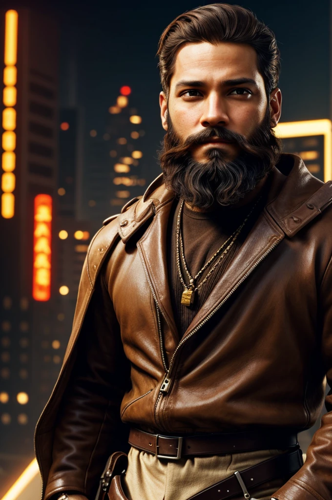 Create a man with a slightly brownish beard, light skin, Latino, from the front, with high quality, medium brown hair, light brown eyes, in the Renaissance style, cyberpunk style