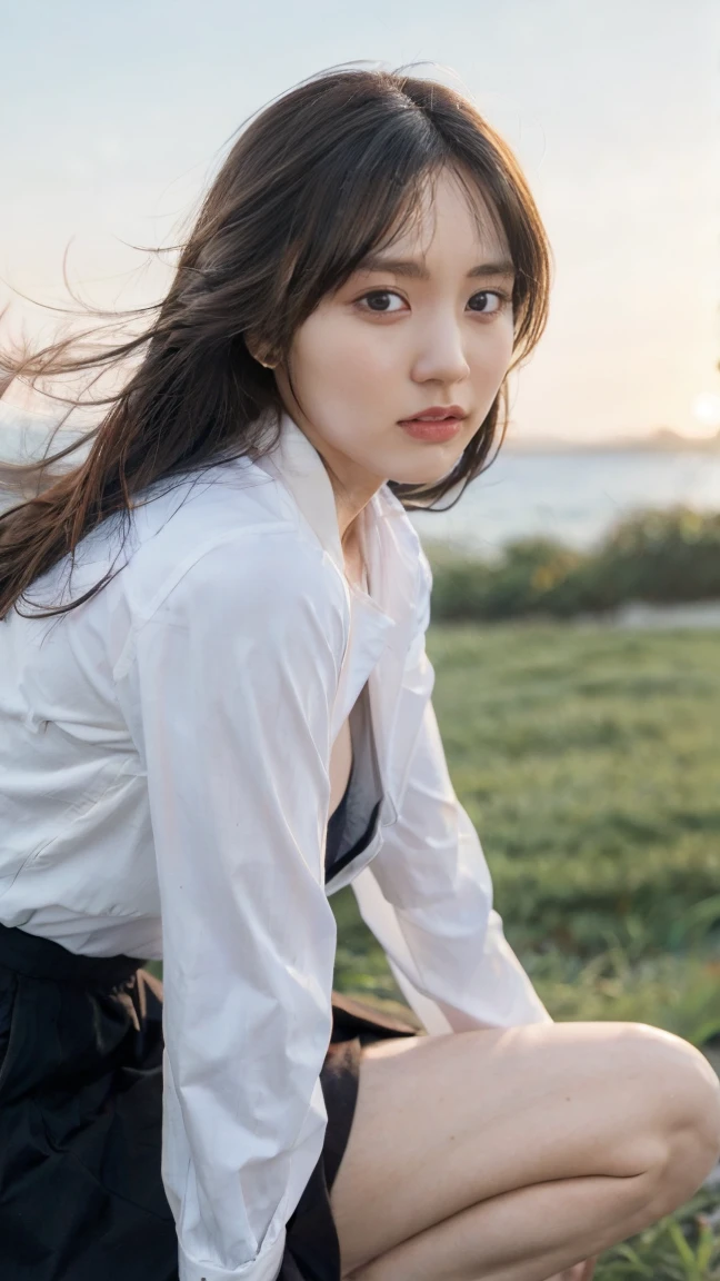 (((Low angle shooting、Looking into the camera:1.22,Leaning forward、Open shirt、No underwear)))、(((8K、Highest quality、masterpiece、Ultra-high resolution)))、(Realistic:1.4)、RAW Photos、(Real skin texture:1.3)、(Film Grain:1.3)、((Are standing、Skirt flutters in strong winds、Under the skirt、Do not bend your legs、Don'Don'don't bend your knees、Spread your thighs、Beachside、))、One Girl、Beautiful and detailed eyes and face、masterpiece、Highest quality、close、thin、Japanese Uniform、dynamic、barefoot、Mr..々Pause、