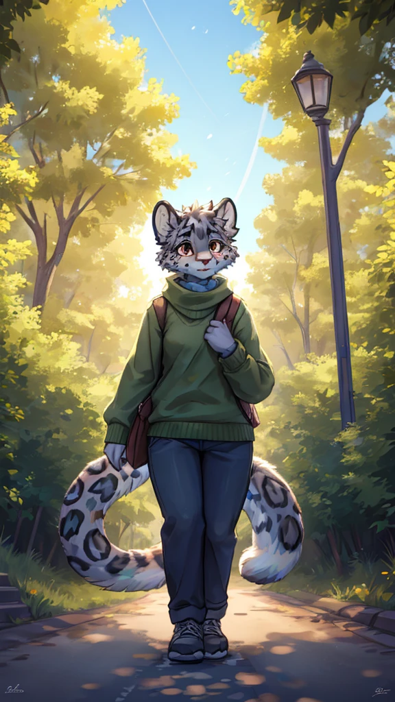 (very detailed illustration: 1.2), best quality, masterpiece, solo, natural lighting, An young anthro female snow leopard with brown eyes, she has a snow leopard tail, she has snow leopard fur, she is dressed in a green sweater and dark blue pants, she is in a big bright city, she is in a park where there are trees, she is on a gray gravel road walking.
