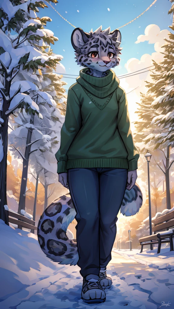 (very detailed illustration: 1.2), best quality, masterpiece, solo, natural lighting, An young anthro female snow leopard with brown eyes, she has a snow leopard tail, she has snow leopard fur, she is dressed in a green sweater and dark blue pants, she is in a big bright city, she is in a park where there are trees, she is on a gray gravel road walking.