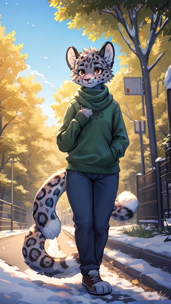 (very detailed illustration: 1.2), best quality, masterpiece, solo, natural lighting, An young anthro female snow leopard with brown eyes, she has a snow leopard tail, she has snow leopard fur, she is dressed in a green sweater and dark blue pants, she is in a big bright city, she is in a park where there are trees, she is on a gray gravel road walking.