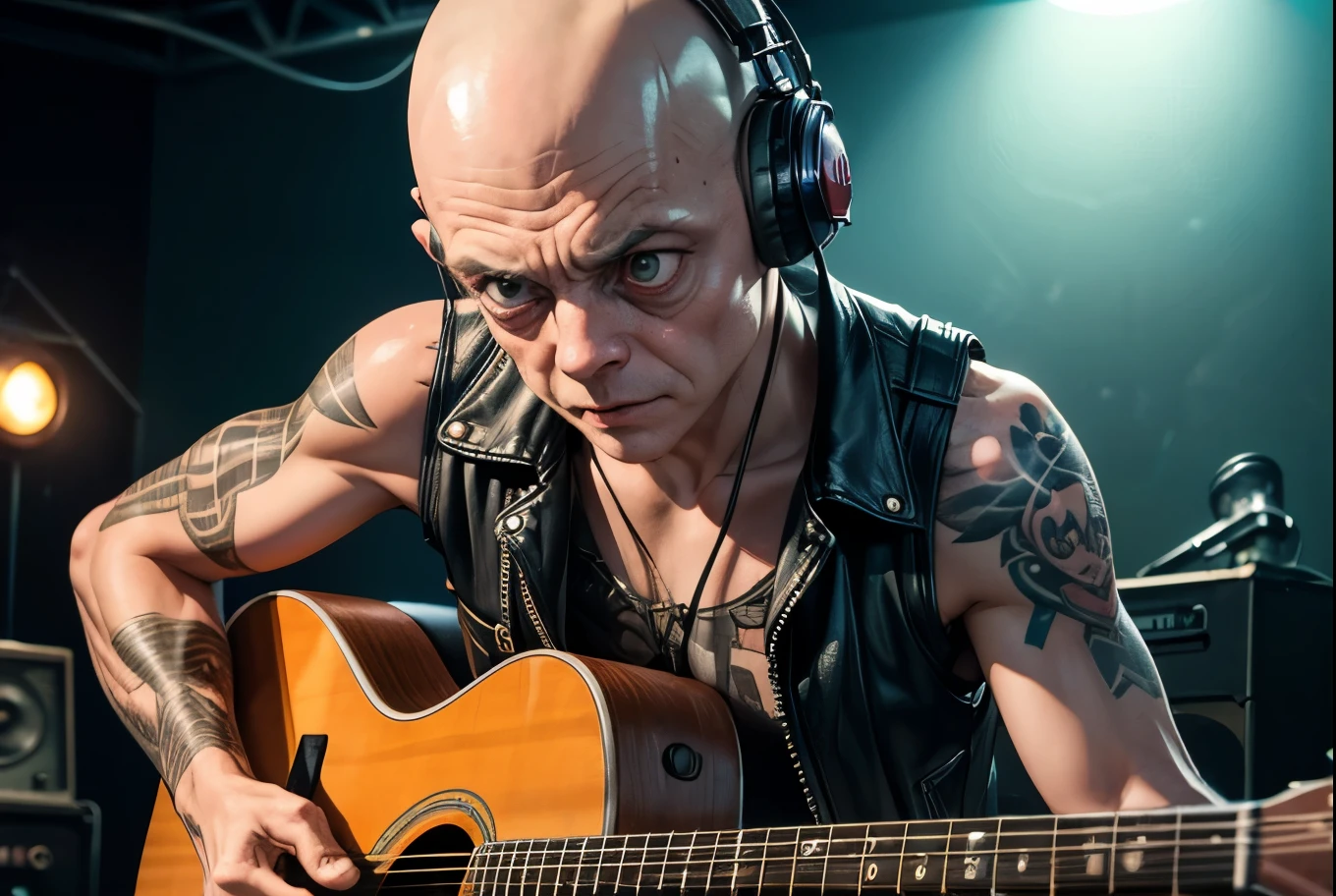 (Realisttic:1.2), analog photo style, (Gollum, playing  guitar), detailed face and eyes, best quality textures, punk style, leather vest, tattoo on left shoulder, headphones, cinematic lighting, cgi, no hair, perfect anatomy, in concert, hairshakes, great dinamic photo, great quality, Masterpiece, intricate background, rock'n'roll  aesthetic, 16k quality, analog photo style, RAW photo