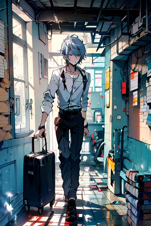 A boy, short hair, blue eyes, white hair,
with a scary look, dressed in long black pants, 
White shirt, running down a hallway, in a house, everything engulfed in flames 