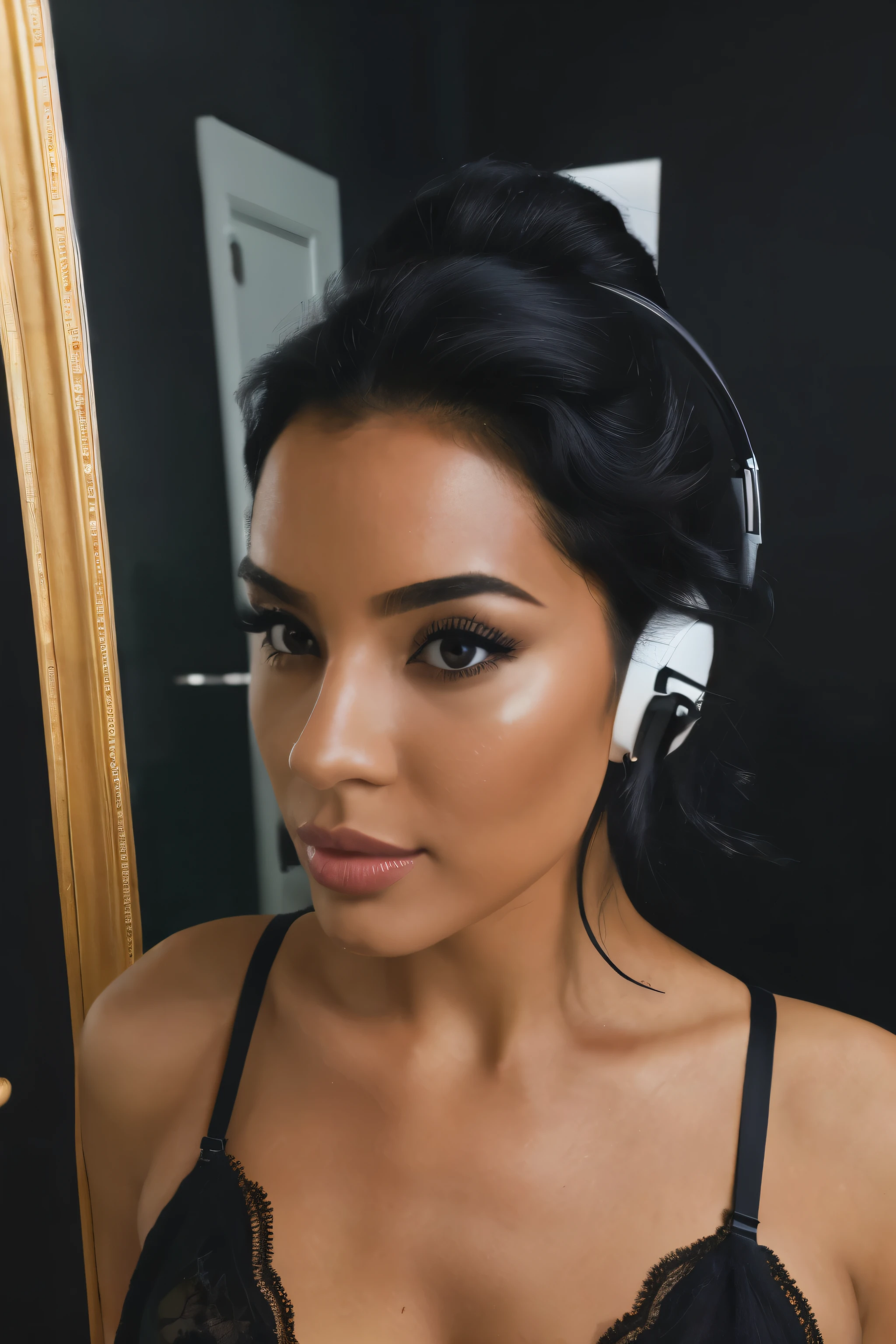 woman, black lingerie, black hair, taking selfie in the mirror, black hair, half updo, headphones, eye reflection, earrings, makeup, pout, depth of field, cinematic lighting, motion blur, silhouette, UHD, retina, accurate, anatomically correct, super detail, high details, high quality, 4K
