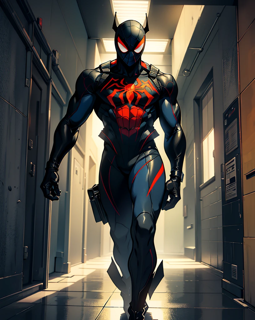 Digital art featuring a stylized, crouching figure reminiscent of Spider-Man in a dark, reflective hallway. The character is depicted in a black costume with a prominent, bright yellow spider emblem on the chest. The costume has a shiny, almost liquid texture, with rainbow-colored highlights, particularly on the mask, which features a vibrant multicolored visor. The background is a dimly lit tiled hallway with reflective surfaces, adding to the overall dark and mysterious atmosphere.