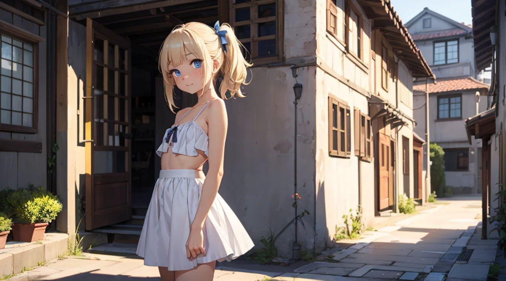 fullnude、The girl is depicted in full growth, (you see the girl from head to toe), Girl in a courtyard, cute bow, pubic hair, shy small smile, The girl is depicted in full growth, you see the girl from head to toe, nostalgic appeal, country girlfriend, (FLATCHESTED:1.3)、flat chest, superflat chest, (one embarrassed girl naked), naughty girl, one embarrassed girl in short cute skirt, zero breast size, blunt bangs, Blonde hair with short ponytails, Blue eyes, White skin,, freckles