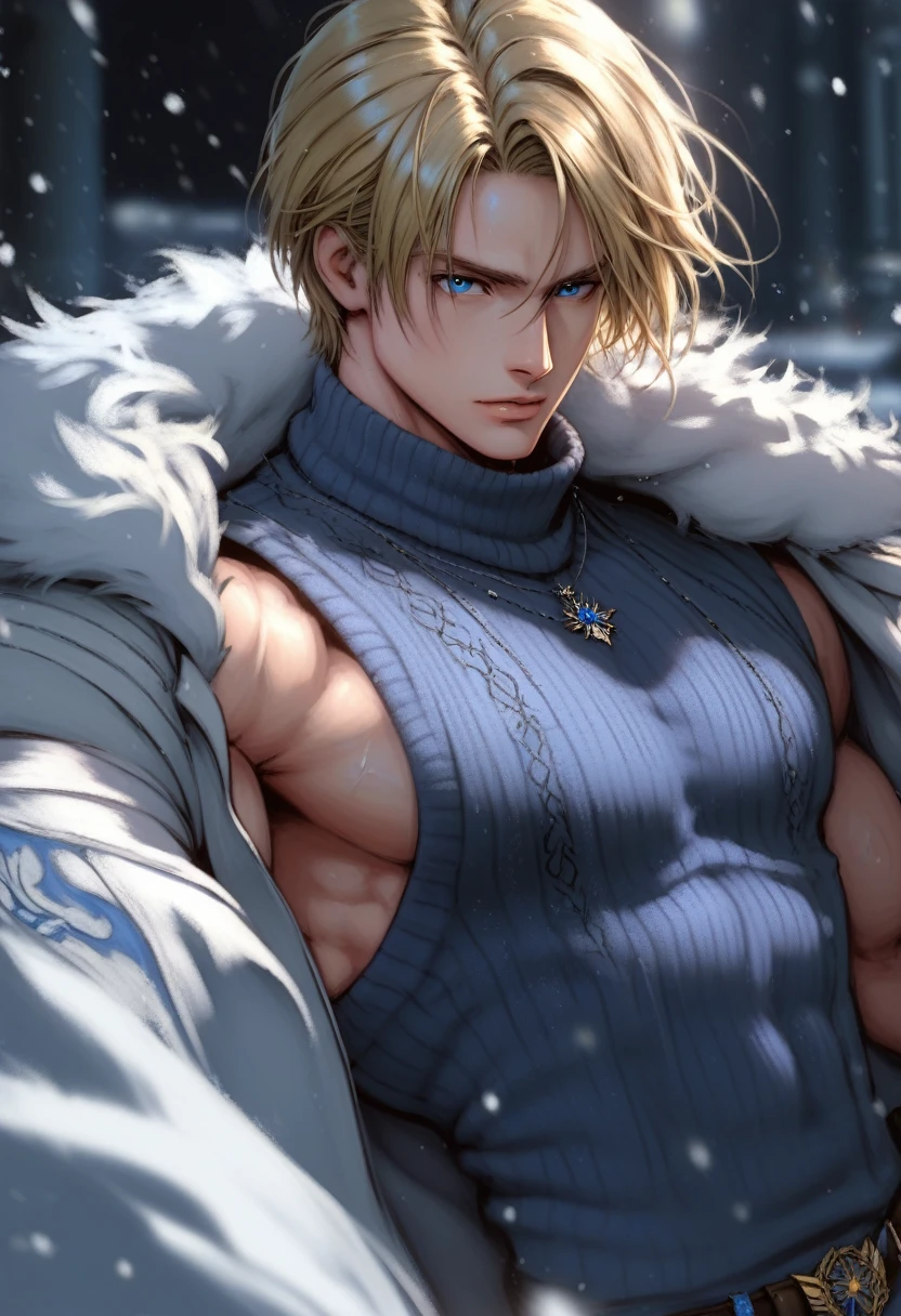 absurdities, High resolution, ultra detailed, HdR, masterpiece, Extremely detailed face and eyes, Leon Kennedy, medium blonde hair, disheveled, bushy eyebrows, serious, expressive blue eyes, detailed eyes, LOOKING AT THE SPECTATOR, resident evil 6, 1 man, elegant, white fur coat, blue magic clothes, sorcery clothing, toned chest, snowy background. Complete plan