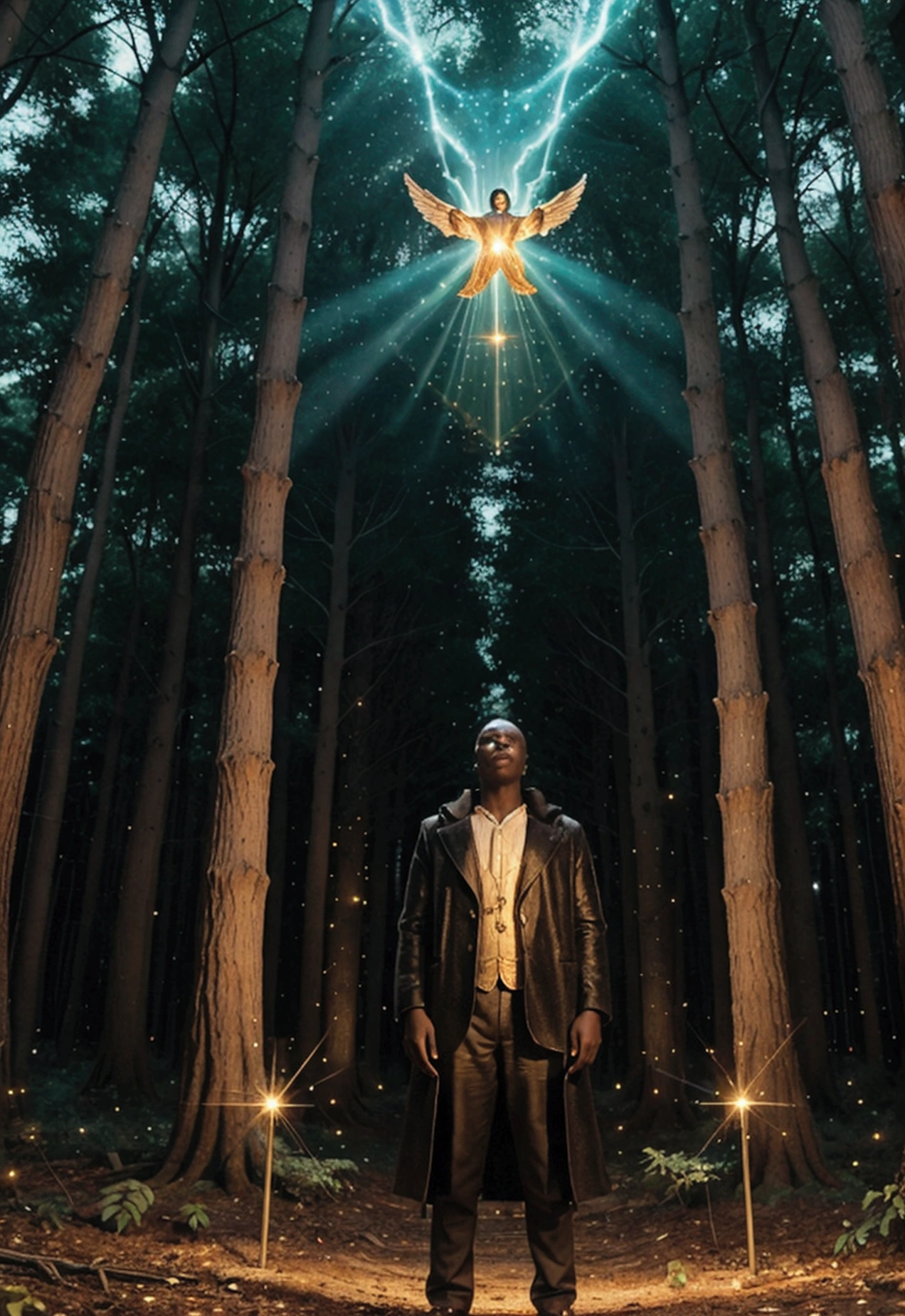 A forest clearing filled with twinkling lights. Enoch stands surrounded by radiant light, his expression filled with awe and reverence, with celestial images manifesting around him, including flying angels.