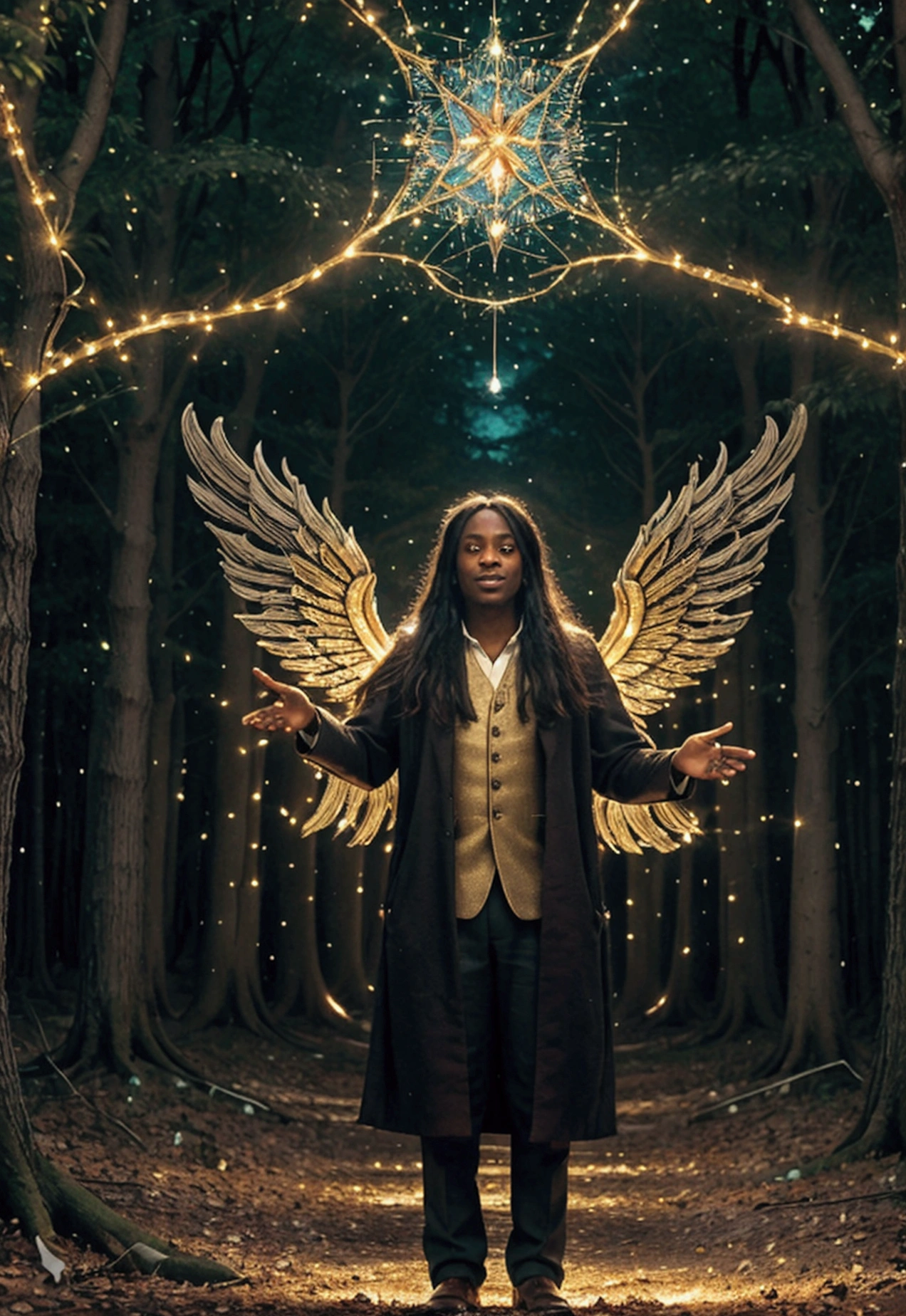 A forest clearing filled with twinkling lights. Enoch stands surrounded by radiant light, his expression filled with awe and reverence, with celestial images manifesting around him, including flying angels.