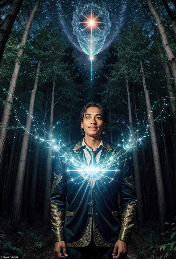 A forest clearing filled with twinkling lights. Enoch stands surrounded by radiant light, his expression filled with awe and reverence, with celestial images manifesting around him, including flying angels.