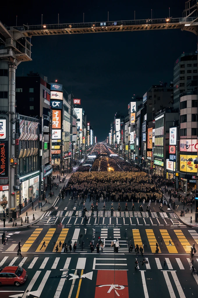 Generate a bustling city street background at Shibuya Crossing in Tokyo, filled with a sea of pedestrians and busy traffic. Capture the iconic intersection with people crossing from all directions, cars and buses passing by, and vibrant city lights and billboards illuminating the scene. The background should reflect the lively and dynamic atmosphere of one of Tokyo's most famous and energetic locations.