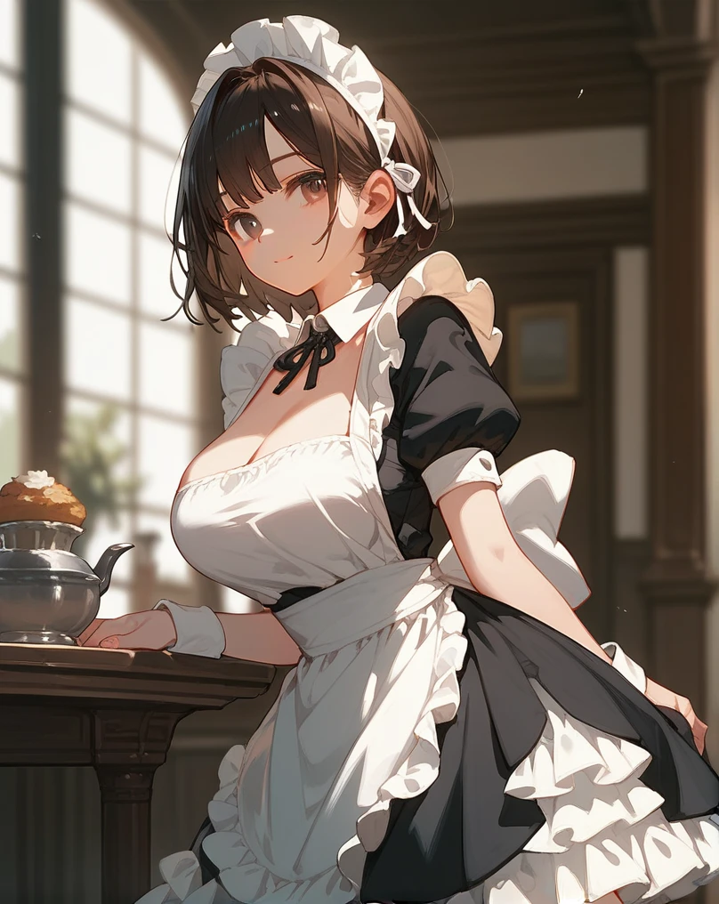 (check_9,check_8_up,check_7_up,),1 girl,One,maid,maid headdress,I look at the viewer,apron,Brown hair,in room,black hair, two big breasts, depth of field,