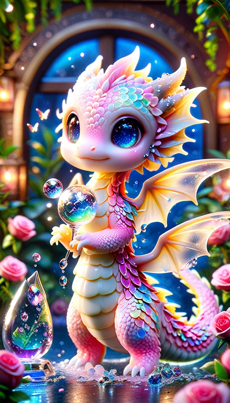 Super detailed, High resolution, High resolution, Absurd, Yellow Dragon, Yellow Dragon,Expressive blue eyes, Little Dragon, Cute Dragon,Transparent Wings,Glass, pink Sparkling butterflies, Pink Ice, petal, crystal, Glass, roses, water, cute, Sparkling, water辺, Fantasy, Magic,FantasyMagic背景, Shiny, The Shining,Starry Sky,
