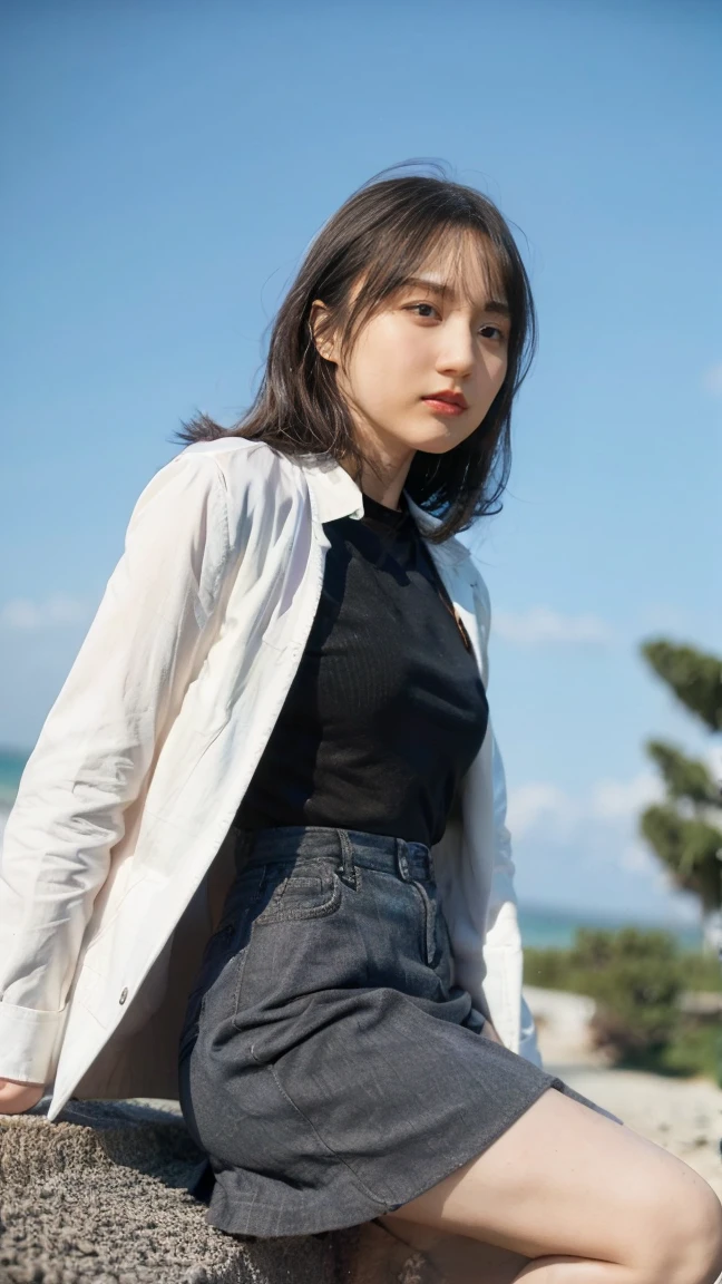(((Low angle shooting、Looking into the camera:1.22,Leaning forward、Open shirt、No underwear)))、(((8k、Highest quality、masterpiece、Ultra-high resolution)))、(Realistic:1.4)、RAW Photos、(Realistic skin texture:1.3)、(Film Grain:1.3)、((Are standing、Skirt flutters in strong winds、Under the skirt、Do not bend your legs、Don'don't bend your knees、Spread your thighs、Beachside、))、One Girl、Beautiful and detailed eyes and face、masterpiece、Highest quality、close、thin、Japanese Uniform、dynamic、barefoot、Various poses、