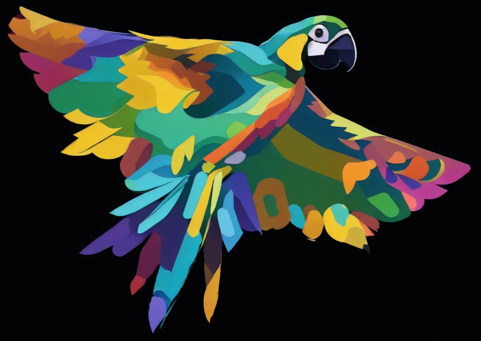 maintain the same proportion and dimension of the drawing, maintain the same contour of the drawing without changing the appearance of the macaw with multicolored feathers, in a simple vector style, solid colors, without gradients. Define better the feathers 