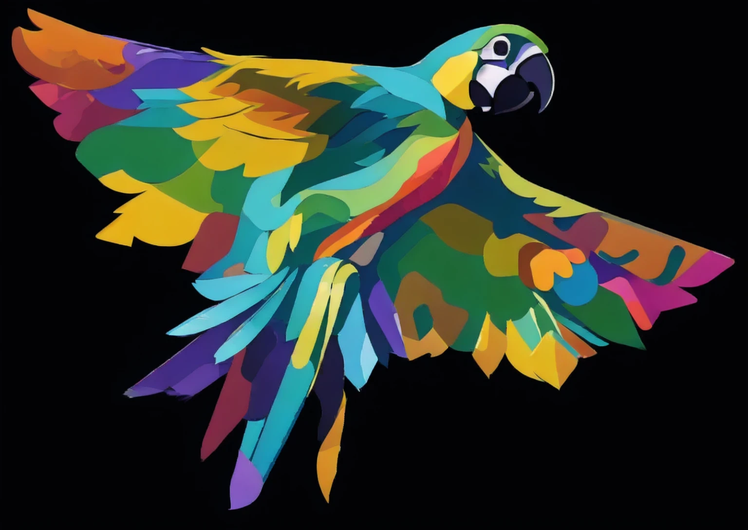 maintain the same proportion and dimension of the drawing, maintain the same contour of the drawing without changing the appearance of the macaw with multicolored feathers, in a simple vector style, solid colors, without gradients. Define better the feathers 