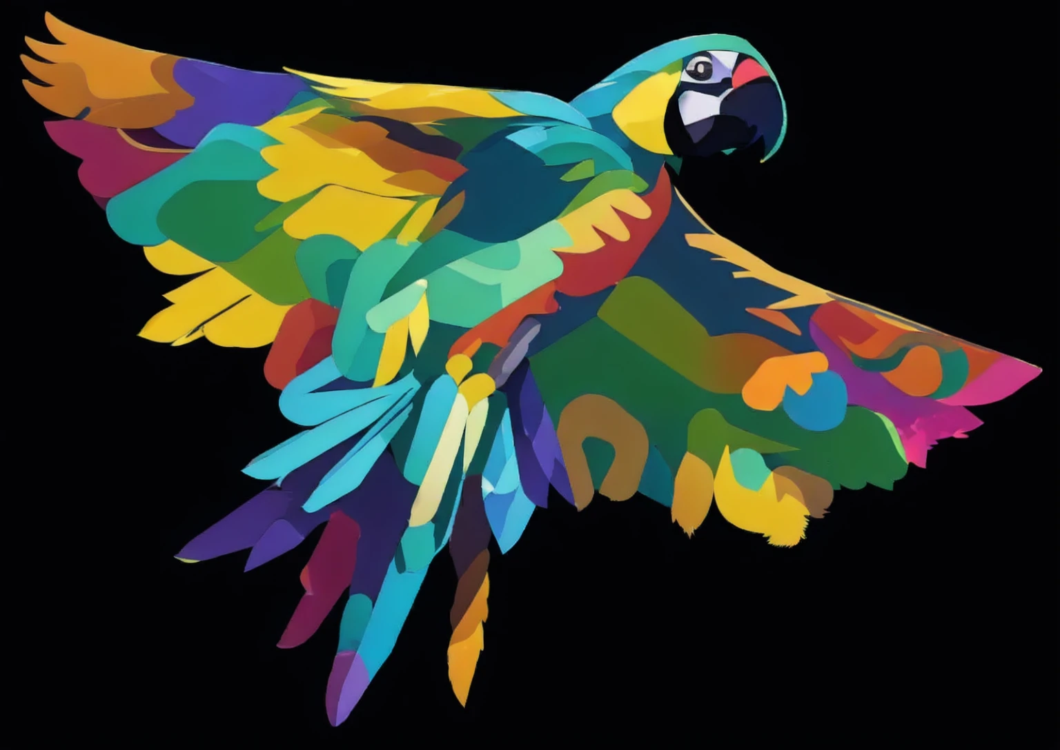 maintain the same proportion and dimension of the drawing, maintain the same contour of the drawing without changing the appearance of the macaw with multicolored feathers, in a simple vector style, solid colors, without gradients. Define better the feathers 