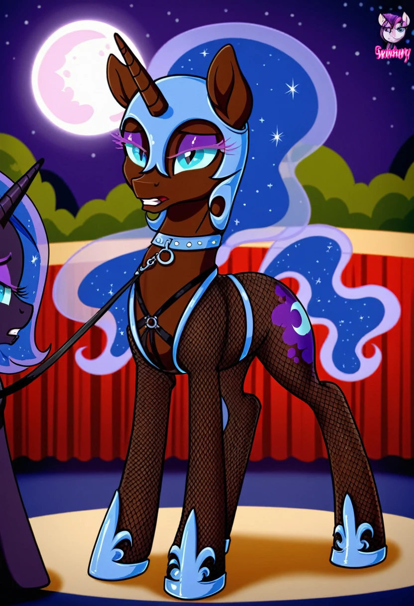 Pony sad nightmare moon in in fishnet tights b night club walks on a leash