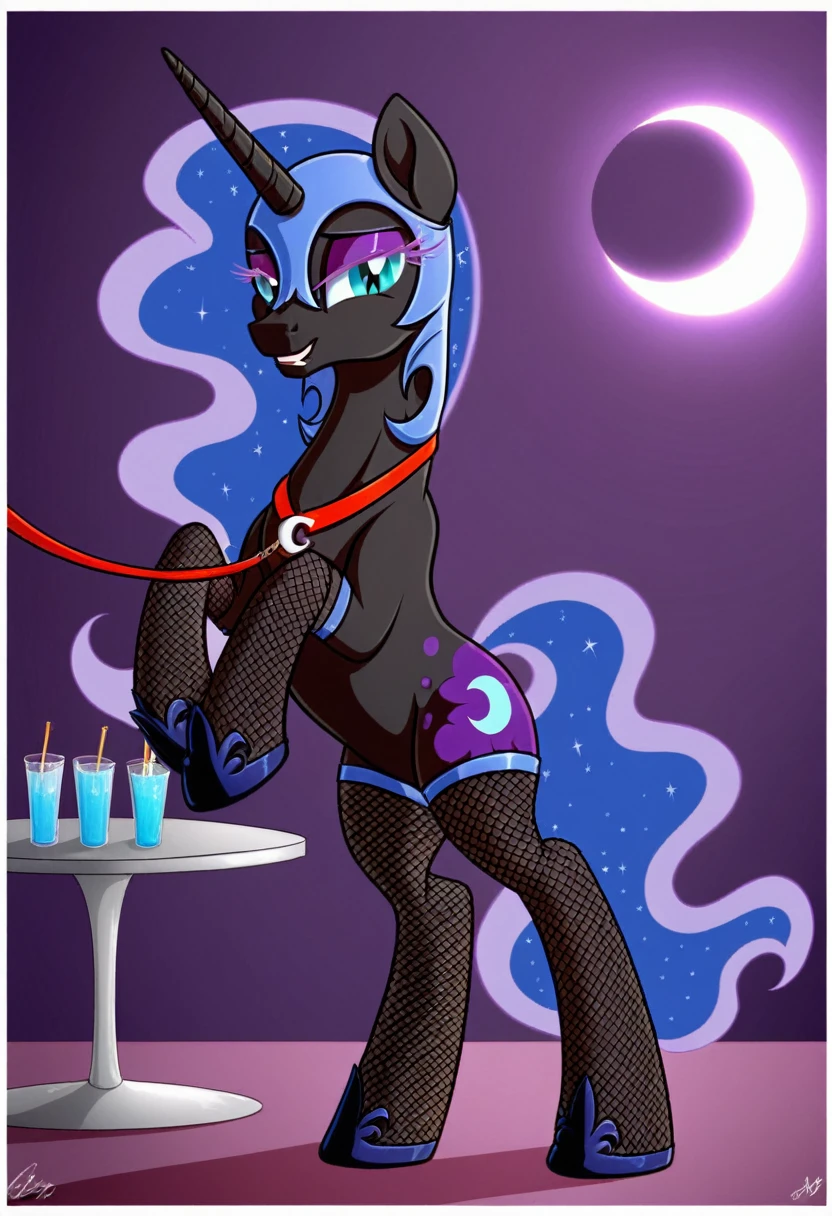 Pony sad nightmare moon in in fishnet tights b night club walks on a leash