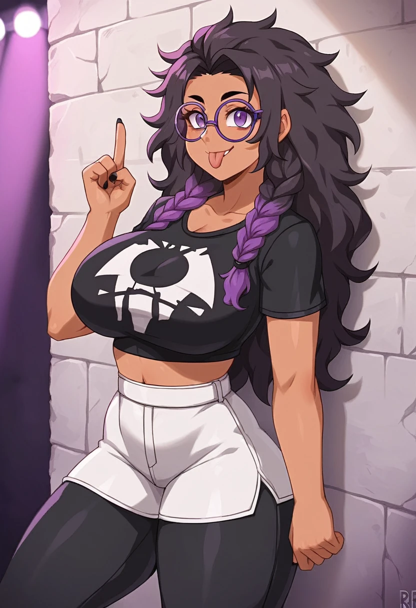 A woman, tanned skin, by blond, a hairstyle with two long braids that fall over her shoulders, with straight bangs that cover his forehead, very messy hair, messy from above, He wears round-framed purple glasses and has a rude expression on his face..., black fur, big and somewhat relaxed eyes, purple eyes, small nose, big breasts, Skinny body, small waist, thick thighs, Spiked Leather Jacket, rocker t-shirt, worn black pants, gothic rings, black eyeliner, rude behavior,smiling, sticking out tongue, showing middle fingers, metal rock sign, to smoke. Leaning against a wall with a garbage container next to it, background concert, Lights, 