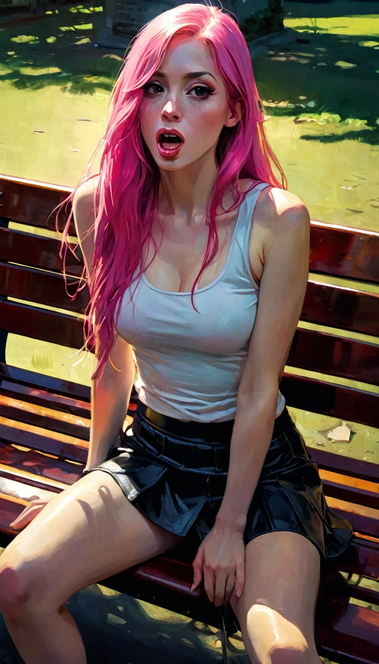 Sexy girl, long pink hair, tight miniskirt, plain tank top, prominent nipples, sitting in a sexy pose on a park bench, gives a blowjob with a guy, cock in mouth, extreme blowjob, fluids, sexy, lascivious , open legs, oil painting, chiaroscuro, sensual and dramatic lighting, moody atmosphere, photorealistic, intricate details, masterpiece, ultra detailed, high quality, 8k, best quality, realistic, cinematic, dark and brooding, expressionist, powerful composition, emotional impact, art inspired by Bill Sienkiewicz
