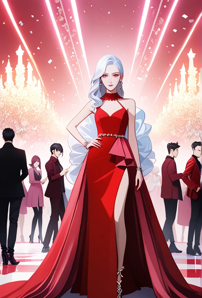 Woman about 25 years old,stylist and fashionista, white hair, pink eyes,Red dress, that the character is standing at a large party and that the entire character can be seen from the front 