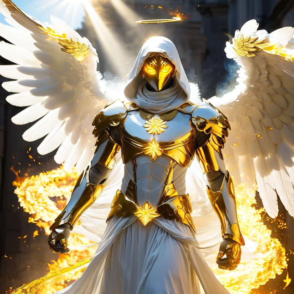 A white and gold angel man god, fire Eyes, comes flying, Backlight, can, fuersa, extended arms, hooded angel