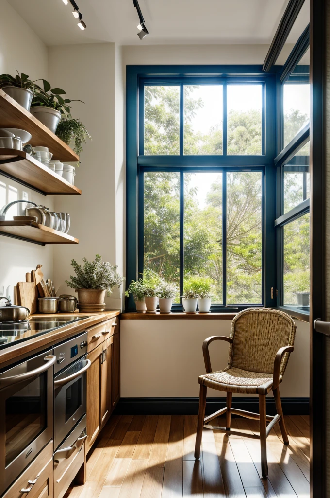 no_humans, scenery, window, plant, chair, indoors, table, tree, basket, plate, kitchen, shelf